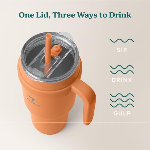 REDUCE 40 oz Stainless Steel Tumbler with Handle - Dual-Wall Vacuum Insulated Travel Mug, Sweat-Proof Lid & Reusable Straw - Keeps Drinks Cold for 24 Hrs, Fits Cupholders, Dishwasher Safe - Papaya