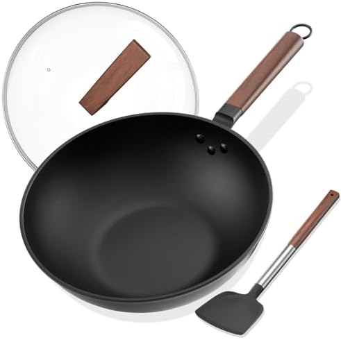 Todlabe 13 Inch Wok with Glass Lid & Silicone Spatula, Naturally Non‑Stick