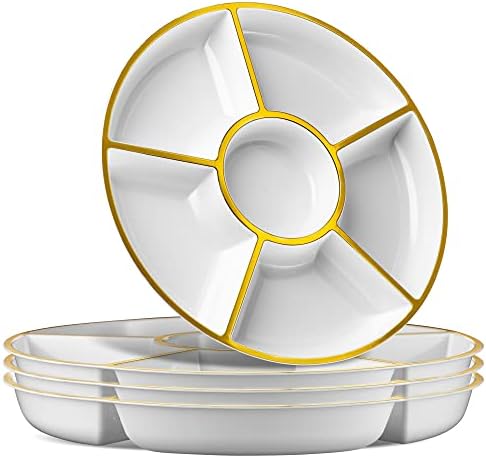 Plasticpro 6 Sectional Round Plastic Serving Tray/Platter (2, White & Gold)