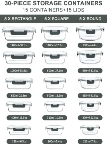 M MCIRCO 30 Piece Extra Large Glass Food Storage Containers with Lids,Gray