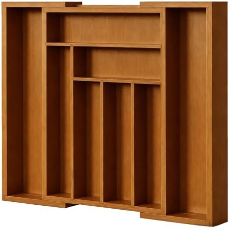Pipishell Bamboo Expandable Drawer Organizer for Utensils Holder, Adjustable Silverware Organizer Cutlery Tray, Drawer Dividers for Utensils, Flatware, Knives in Kitchen, Bedroom, Living Room Brown