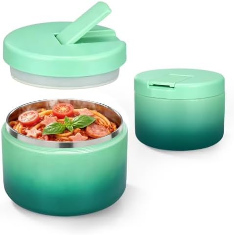 Pawtong 12oz Insulated Vacuum Food Jar with Buckle Lid Wide Mouth Soup Thermo for Hot Food Kids Leakproof Stainless Steel Lunch Container (Gradient Green, 12OZ)