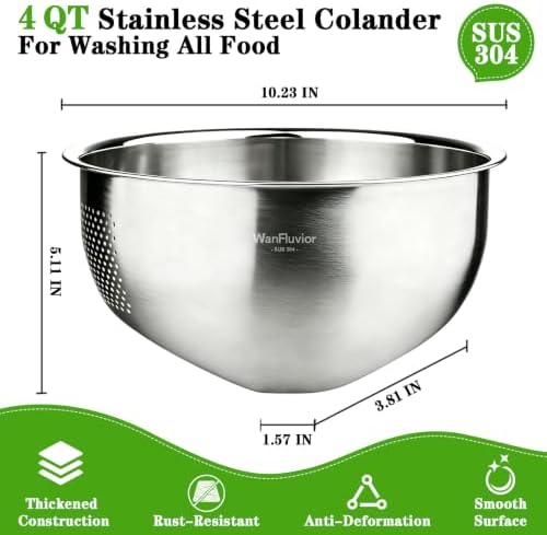 Rice Washer Strainer Bowl, 4 QT Stainless Steel Colander with Side Drainer