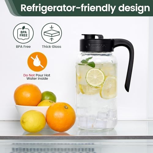 Mason Jar Pitcher, 64 oz (2 quart), Glass Pitcher with Lid