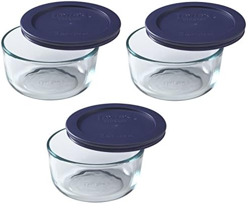 Pyrex 7200 2-Cup Glass Bowl & 7200-PC Dark Blue Lid (3-Pack) - Made in USA