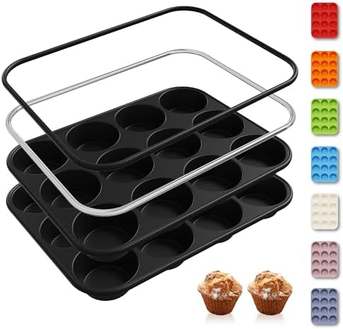 2 Pack 12 Cups Silicone Muffin Pan with Metal Reinforced Frame Regular Size Silicone Molds Cupcake Cake Baking Pans Cookie Baking Chocoflan Cupcake Mold Baking Homemade Muffins Cupcakes Egg Bites