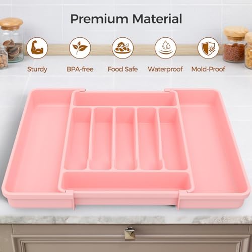 ukeetap Extra Large Expandable Silverware Organizer, Flatware Tray, Pink