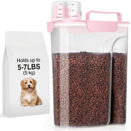LEAWALK 5-7Lbs/6Qt Dog Cat Storage Container Portable with Upgraded Large Spout and Cup, Plastic Pet Food Dispenser for Small Animal Kibble, Bird Seed, Oatmeal, Rice, Flour, Brown Sugart- Light Pink