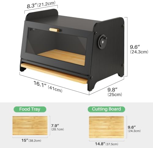 SNTD Bread Box for Kitchen Countertop, Bamboo Cutting Board, 1 Tier, Black