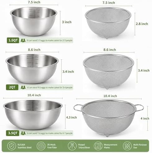 HAPPY KIT 18/8 Stainless Steel Bowl and Colander Set, 6-Piece, Nesting