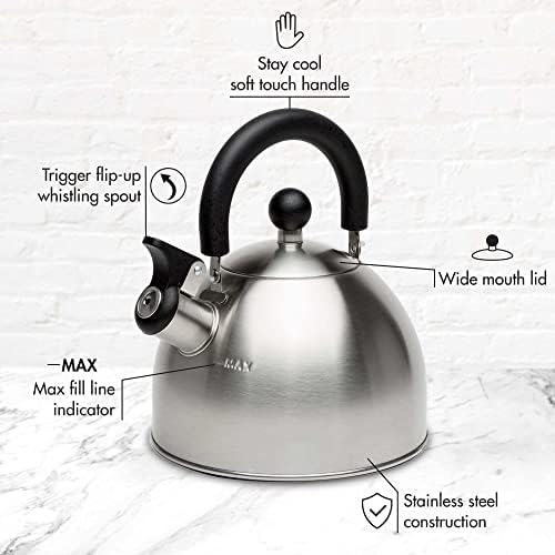 Primula Stewart Whistling Tea Kettle for Stovetop, Stainless Steel Stove Top Kettle with Fast Boil Whistling Spout and Cool Touch Folding Handle, 1.5-Quart, Brushed Silver with Black Handle