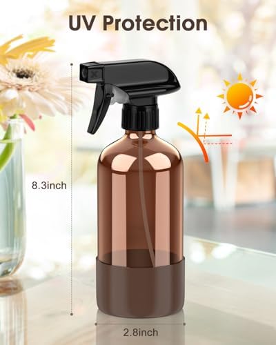 Bontip Glass Spray Bottle with Silicone Sleeve Protection, Amber Glass Spray Bottle Set for Window Cleaner Aromatherapy Facial Hydration Watering Flowers Hair Care 2 Pack/16 oz (Brown, 16 oz)