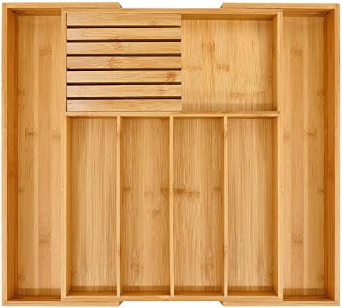 VaeFae Bamboo Silverware Drawer Organizer, 7 Slots, Natural