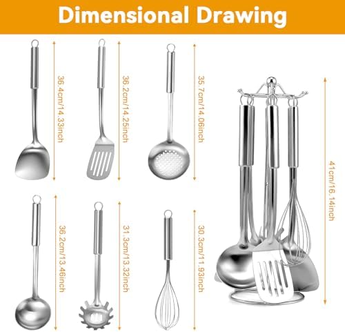 Stainless Steel Kitchen Cooking Utensils Set of 7 - Kitchen Utensils with Hanging Rack, Spatula, Slotted Turner, Soup Ladle, Slotted Spoon, Whisk, Pasta Server, Holder, Dishwasher Safe