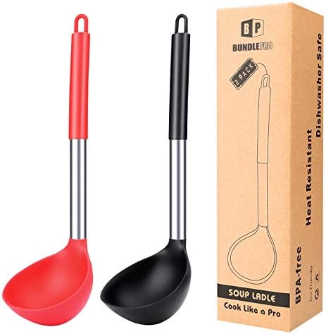 BUNDLEPRO Silicone Soup Ladle Spoon Kitchen Utensils, 2 Pack, Black-Red