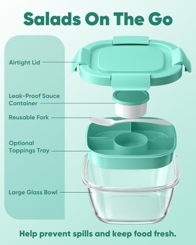 Canfanni Glass Salad Container, 56oz Bowl with Airtight Lids, Tray, Fork