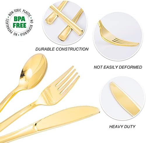 N9R 300PCS Gold Plastic Silverware, Disposable Plastic Cutlery/Utensils