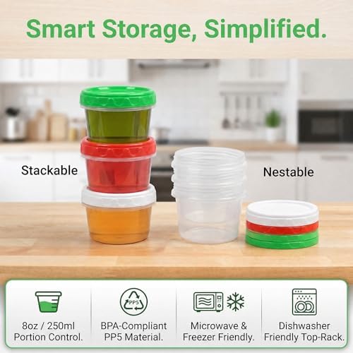 EONJOE 8oz Small Plastic Freezer Food Containers with Lids, 1 Cup, 6pcs