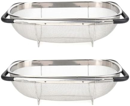2 PackPremium Quality Over The Sink Stainless Steel Oval Colander with Fine Mesh 6 Quart Strainer Basket & Expandable Rubber Grip Handles - Strain, Drain, Rinse Fruits, Vegetables1