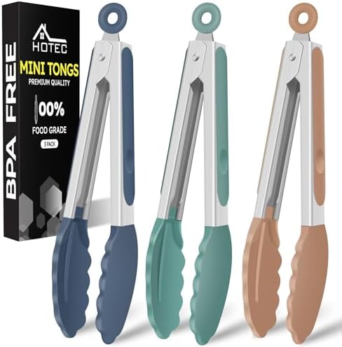HOTEC Small Silicone Kitchen Tongs 7-Inch Mini Serving Tongs, Set of 3