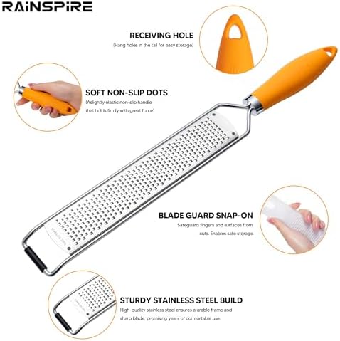 Rainspire Zester Grater with Handle, Lemon Zester Cheese Grater for Kitchen Stainless Steel, Parmesan Cheese Garlic Nutmeg Chocolate Fruits Vegetables Ginger Grater, Fine (Orange)
