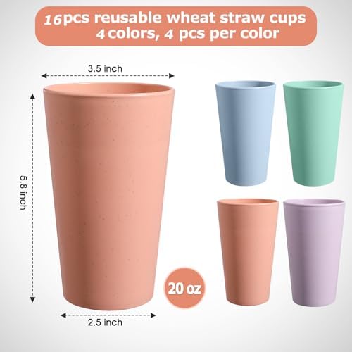 HEYCOME Set of 16 Wheat Straw Cups, 16 Pcs 20 oz Unbreakable Drinking Cups, Reusable Plastic Cups Sets, Water Glasses Tumblers, Microwave & Dishwasher Safe, Bpa Free, 4 Colors