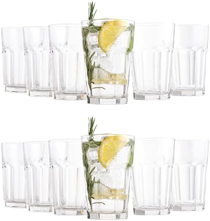 Vikko Large Drinking Glasses, 14 Ounce Glass Cups, Durable Glasses Drinking Set of 12, Stackable Water Glasses, Highball Glasses, Heavy Base Tumblers & Water Glasses, Dishwasher Safe Cups for Kitchen