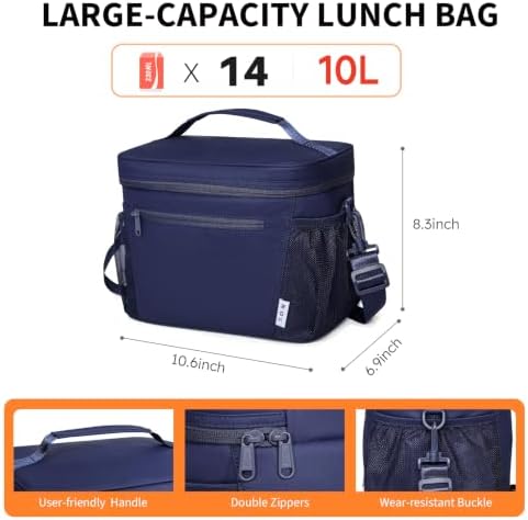 NOL Insulated Lunch Bag for Women Men Adults, Reusable Lunch Tote with Adjustable Shoulder Strap, Leakproof Thermal Food Cooler Bag with Front Pocket and Side Mesh Pockets for Work Travel, Navy blue