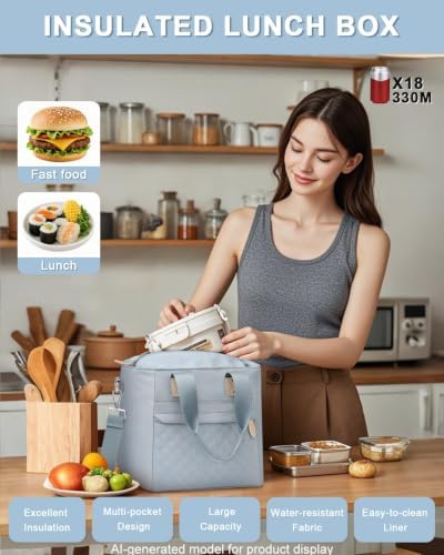 Capolo Lunch Bag for Women Large Insulated Lunchbox Tote Reusable,L-Blue