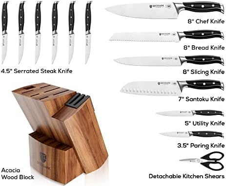 BRODARK 15Pcs High Carbon Stainless Steel Knife Set with Block, Ultra Sharp