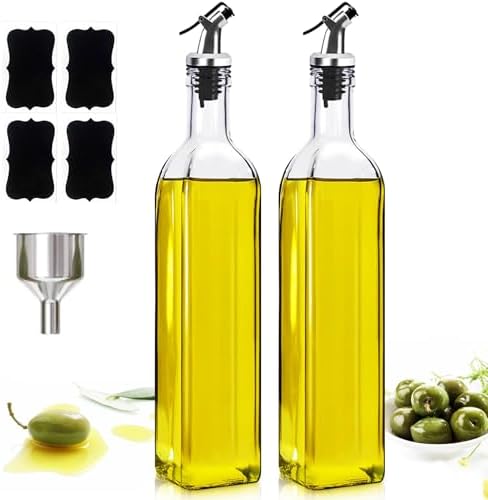 Showvigor Olive Oil Dispenser Bottles, 2Pack 17oz/500 ml Square Glass Tall Oil Bottles with 4 Labels, 2 Pourers and 1 Funnel