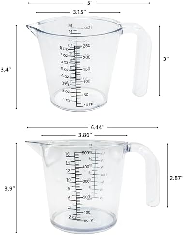 Laser-Etched Measuring Cup Set, 16 oz & 1 Cup Clear Plastic Liquid Measuring Cups, Permanent oz/cup/Tbsp/mL Markings, Food-Grade for Baking & Cooking