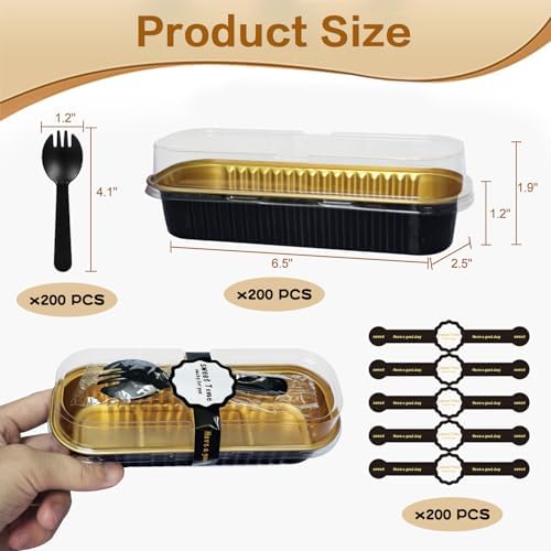 Mini Cake Pans with Lids and Spoons 200 Pack, Mini Loaf Pans with lids 6.8oz, Small Disposable Aluminum Foil Loaf Pans, Rectangular Baking Container for Party, Picnics and Birthday (Black)