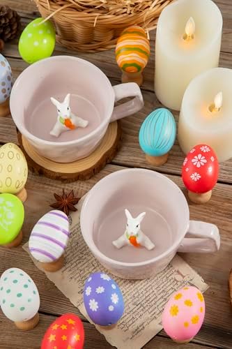 DIHOclub Farmhouse Ceramic Coffee Mug with Rabbit Figurine – Rustic Stoneware Cup, Matte Finish, Ideal for Breakfast & Home Decor (Pink Rabbit)