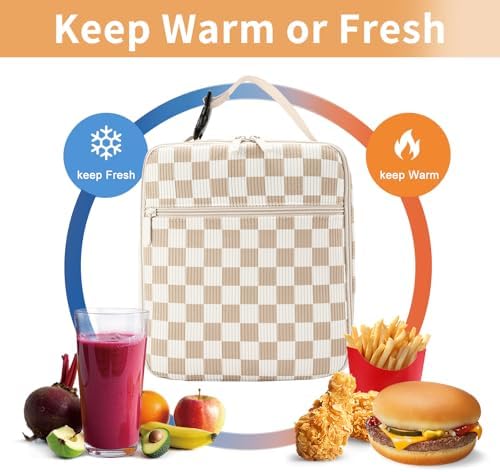 Lunch Box for Women Men Adult Insulated Lunch Bag Women Men Small Reusable Lunchbox for Work Picnic Travel (Beige-Brown Plaid)