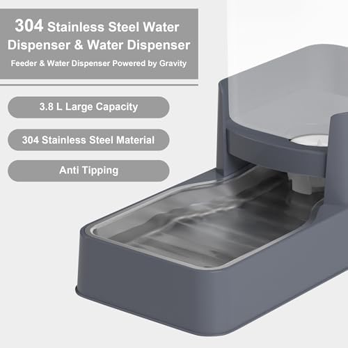 Automatic Cat Feeder and Water Dispenser in Set with Pet Food Bowl,Gravity Dog Waterer and Food Feeder for Small Medium Dog Cat Puppy Kitten Large Capacity(3.8L,Grey,Stainless Steel Bowl)