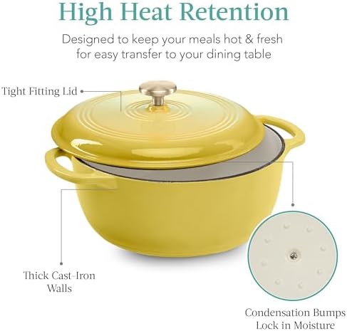 Best Choice Products 7.5 Quart Enamel Cast-Iron Round Dutch Oven, Family Style Heavy-Duty Pre-Seasoned Cookware for Home, Kitchen, Dining Room, Oven Safe w/Lid, Dual Handles - Lemon Meringue
