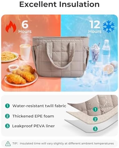 BAGSMART Lunch Bag Women Small Cute Quilted Insulated Leakproof Lightweight
