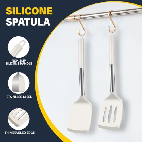 2 Pack Silicone Spatula Set, Solid & Slotted Turner for Non-Stick Pans, High Heat Resistant Silicone Spatula for Cooking, BPA-Free Stainless Steel Cooking Utensils for Fish, Eggs, Pancakes, Beige