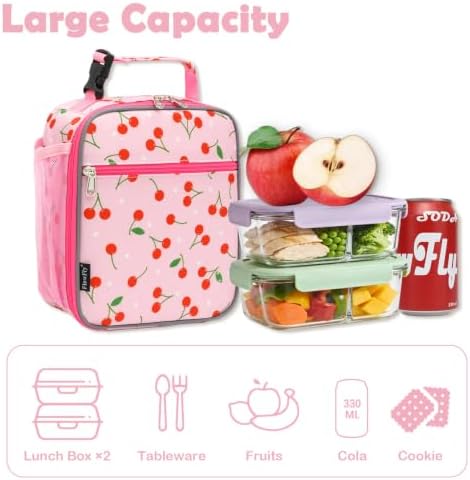 FlowFly Kids Lunch box Insulated Soft Bag Mini Cooler Back to School Thermal Meal Tote Kit for Girls, Boys, Cherry