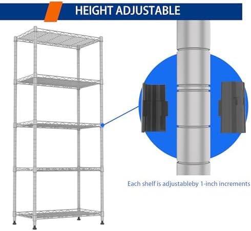 REGILLER 5-Wire Shelving Metal Storage Rack Adjustable Shelves,Standing Storage Shelf Units for Laundry Bathroom Kitchen Pantry Closet(Silver,11.8" D x 21.2" W x 53.5" H)