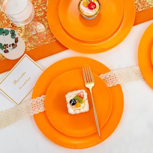 PULOTE 100PCS Orange Plastic Plates - Premium Hard Orange Disposable Include 50 Each(10.25 Inch Dinner & 7.5 Inch Dessert) Plates, Ideal for Party