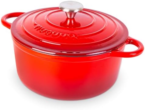 Cast Iron Pot with Lid - Non-Stick Ovenproof Enamelled Casserole Pot, Oven Safe up to 500° F-Sturdy Dutch Oven Cookware-Red, 5-Quart, 24cm-by Nuovva