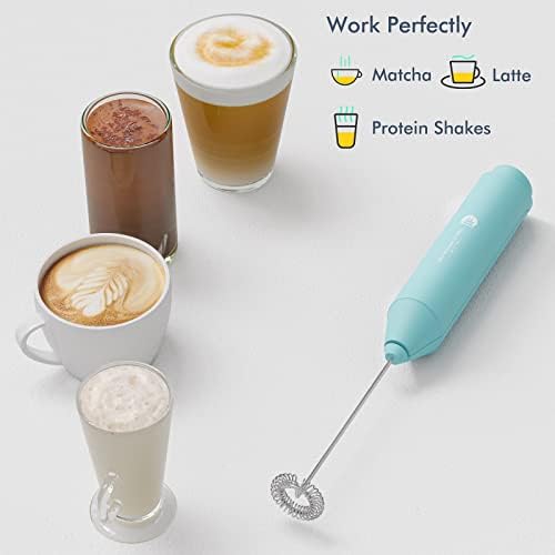 Powerful Milk Frother Handheld Foam Maker, Mini Whisk Drink Mixer for Coffee, Cappuccino, Latte, Matcha, Hot Chocolate, With Stand, Aqua