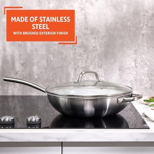 IMUSA 12 Inch 2 Ply Aluminum Ceramic Wok with Glass Lid, Gray