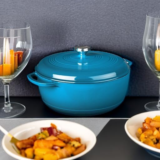 Lodge Essential Enamel Cast Iron Dutch Oven with Lid - Oven-Safe Enamel Cookware up to 500° F - Heat-Retaining Braising & Roasting Pot - Non-Toxic Cookware - 7.5 Quart, Blue
