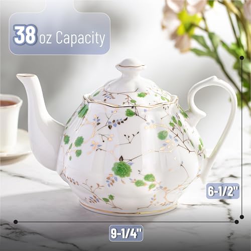 BTaT- Floral Tea Pot, Porcelain Teapot, 38 oz, Floral Teapot, Bone China Teapot for Tea Set