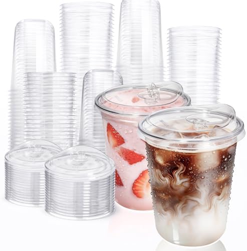 Fit Meal Prep 100 Pack 16 oz Round Bottom Clear Plastic Cups with Strawless Sip Lids, Disposable Iced coffee cups with lids, BPA-Free To Go Cups for Smoothies, Pink Drinks, Party Drinks, Cold Beverage