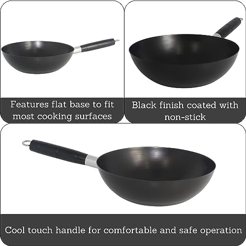 Imusa Carbon Steel Nonstick Wok 9.5 in Flat Bottom Wok_Pan for Electric Stove with Cool Touch Handle, Black Coating, Lightweight Steel Wok for Stir Fry and Fried Rice (Pack of 6)