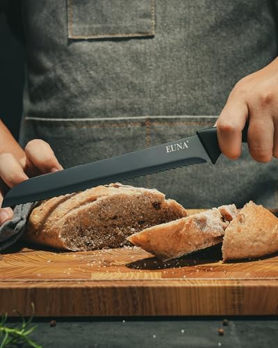 EUNA Kitchen Knife Set, 19 PCS Black Knife Set with Acrylic Block and Sharpener, German High-Carbon Stainless Steel Knife Sets with 6 Serrated Steak Knives, Bread Knife, Chef Knife, Dishwasher Safe